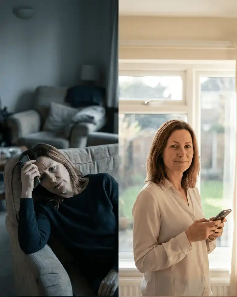 The same woman twice: searching on her phone alone, then following her plan in the app.
