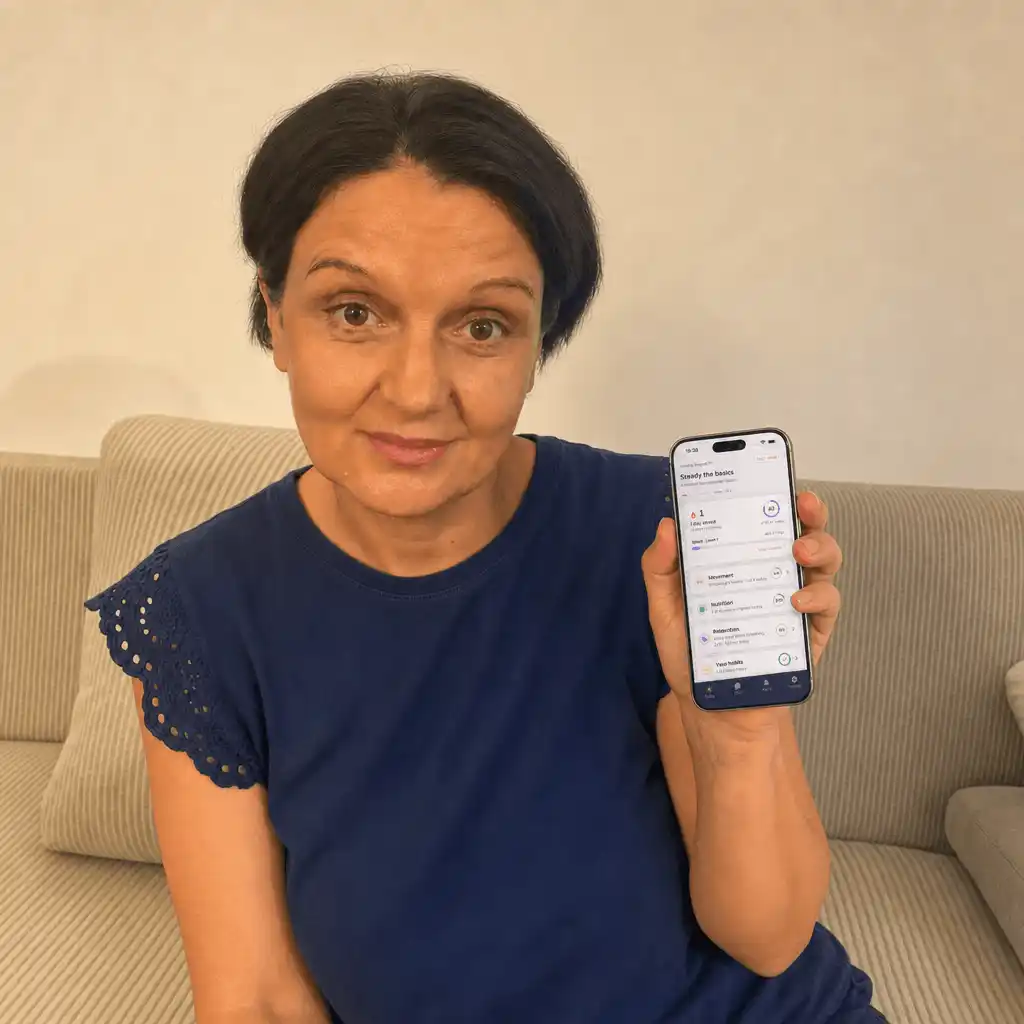 Mara, a MenoLisa member, holding her phone with her plan open