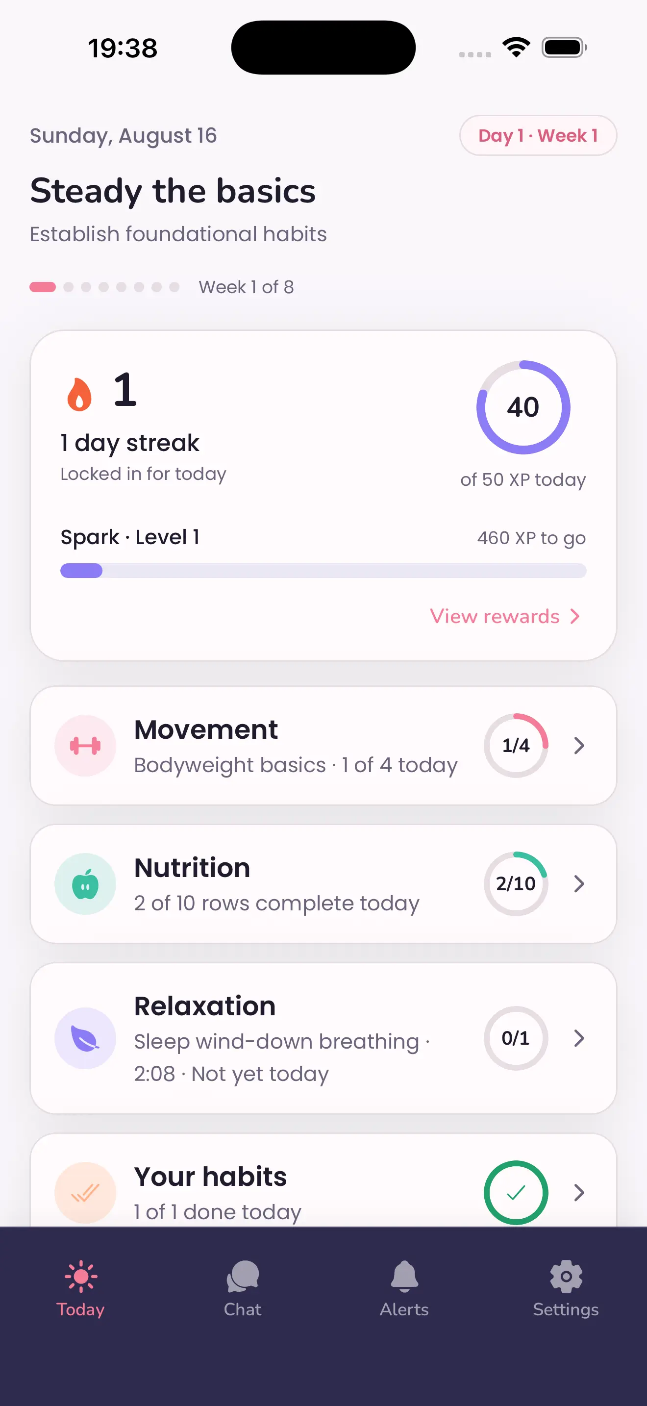 Day 1 of your personalized 8-week plan in the MenoLisa app, showing movement, nutrition, relaxation and habit tasks