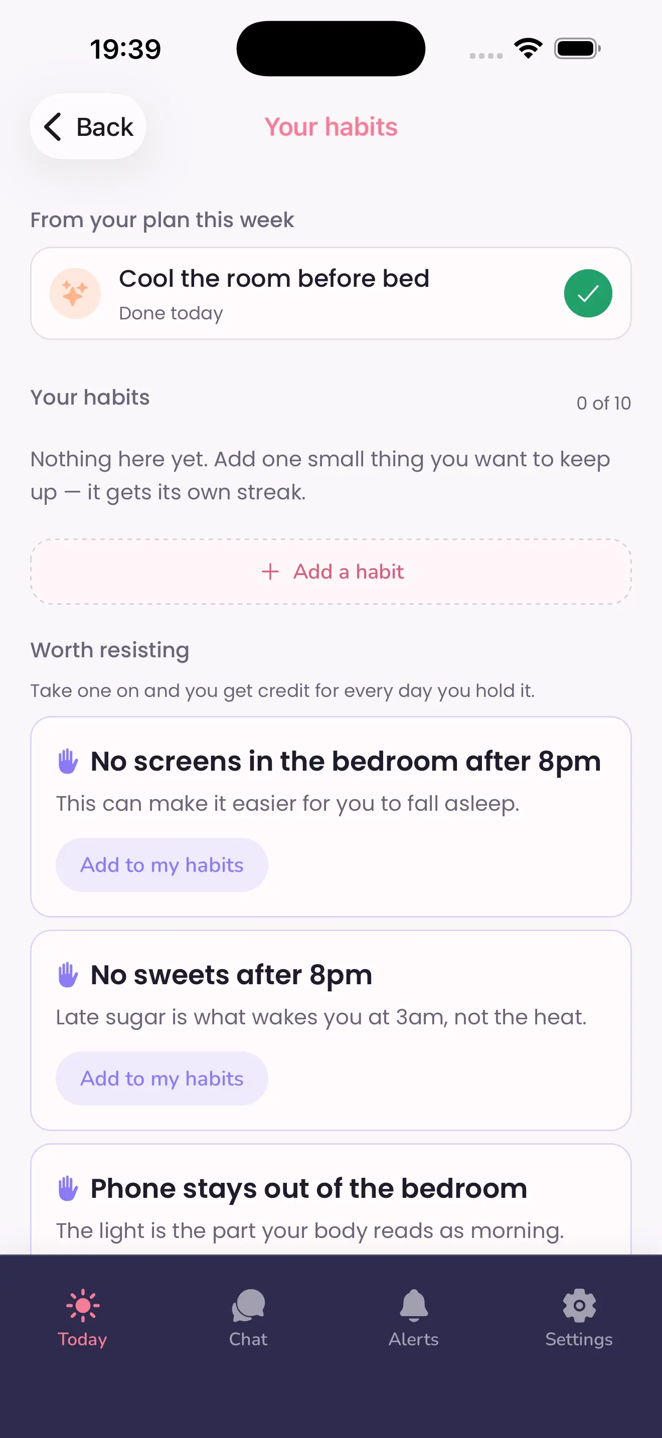 Your habits in the MenoLisa app, with suggestions you can add